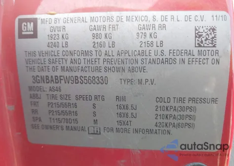 2011 Chevrolet Hhr Lt from USA, damaged, VIN 3GNBABFW9BS568330